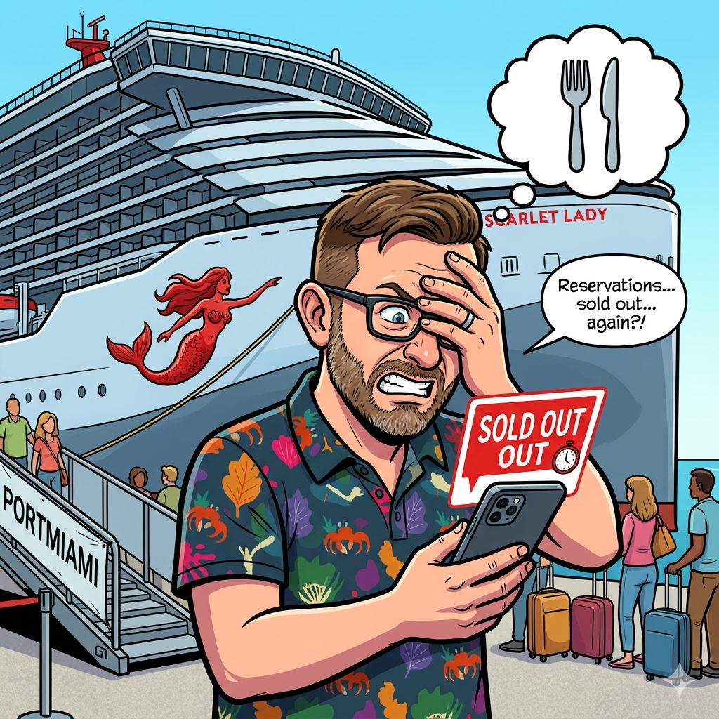 Billy looking at the Virgin app in front of Scarlet Lady